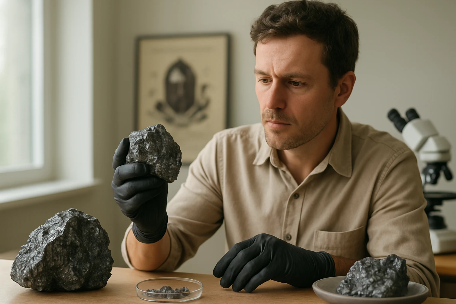 Egy férfi kémiai mintákat vizsgál, kesztyűben tart egy sziklát.