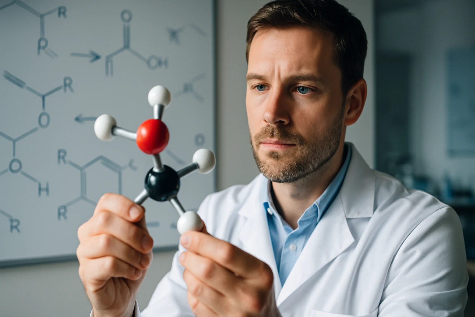 Egy férfi kémiai modellt tart a kezében, figyelmesen vizsgálva azt.