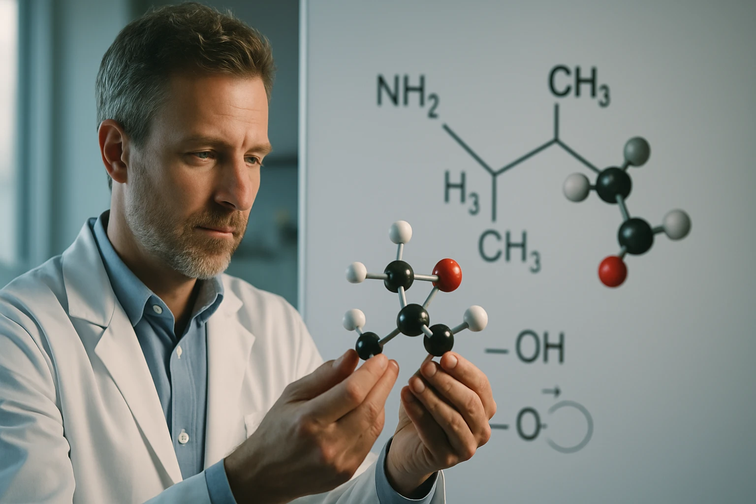 Egy tudós molekulamodelleket vizsgál, háttérben kémiai képletek láthatók.