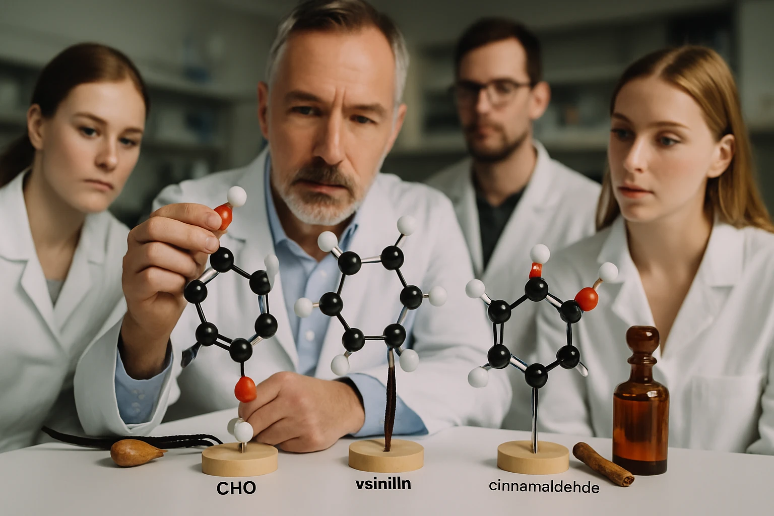 Kémiai modellek bemutatása laboratóriumban, kutatók figyelmesen tanulmányozzák őket.