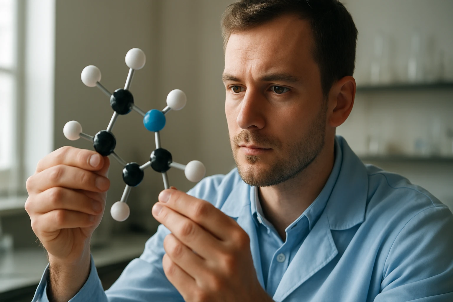 Egy férfi kémiai modellmolekulát tart a kezében, figyelmesen nézi.