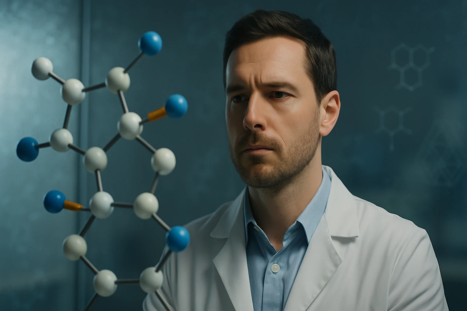 Egy férfi laboratóriumi köpenyben, egy molekula modelljét figyeli.