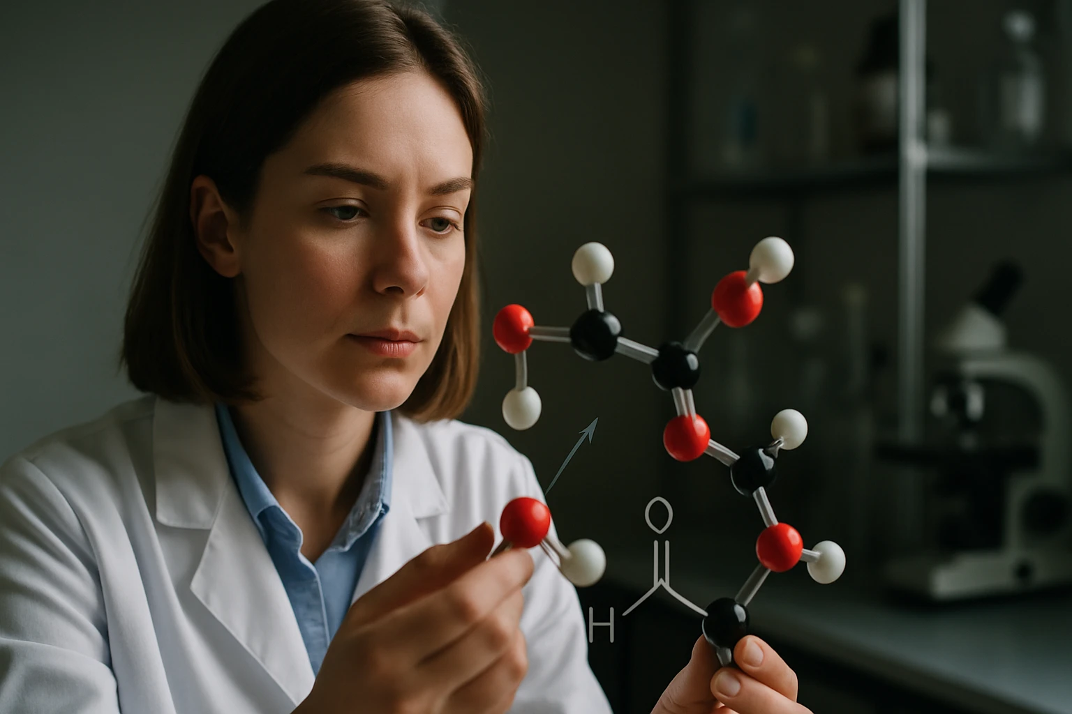 Egy nő laboratóriumban molekulamodelleket vizsgál, kémiai szerkezetekkel.
