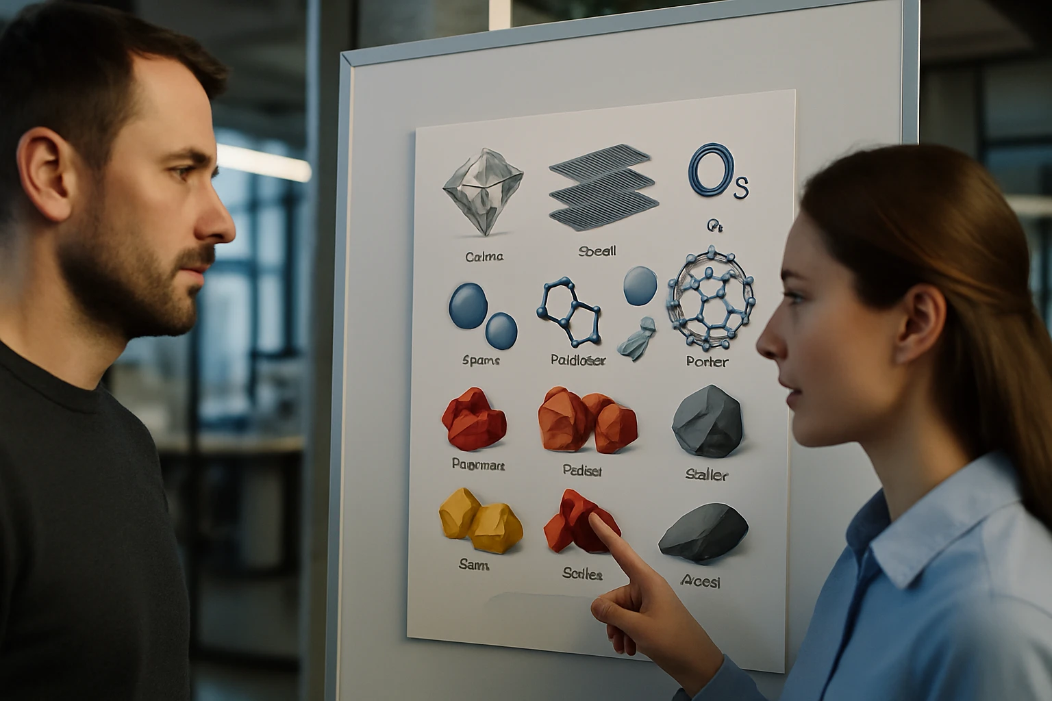 Két ember egy kémiai posztert néz, különböző molekulák és anyagok ábrázolásával.