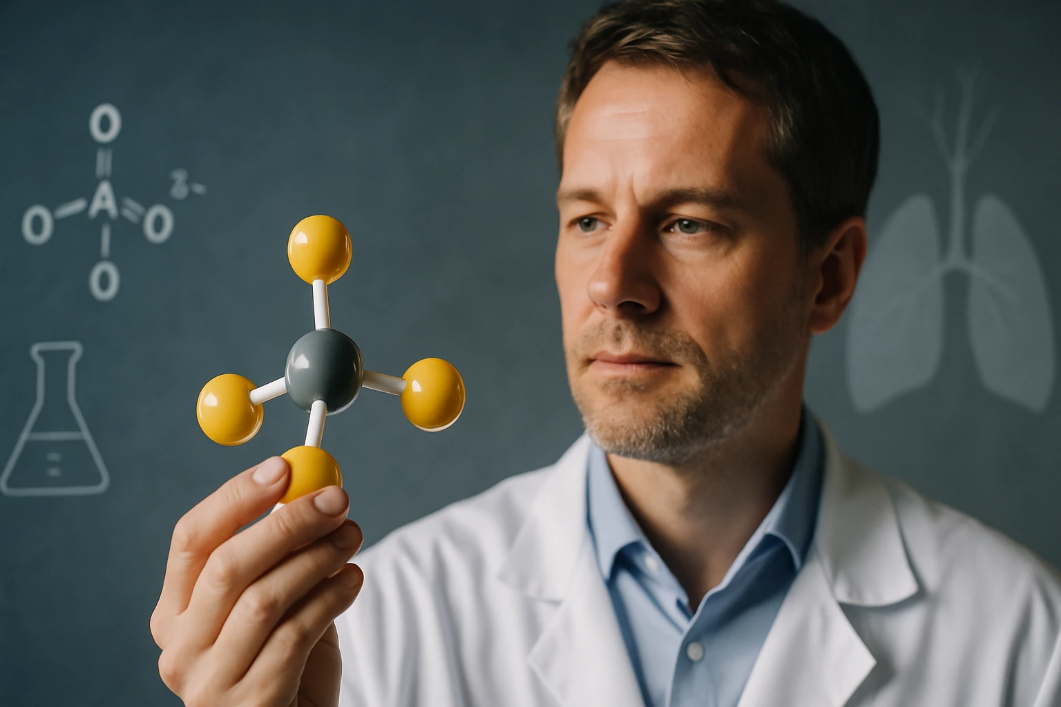 Egy férfi, aki molekulamodellel a kezében, kémiai szerkezetet vizsgál.
