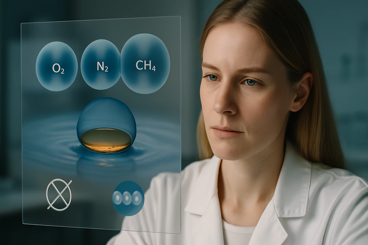 Egy nő laboratóriumban, kémiai molekulák diagramját nézi.