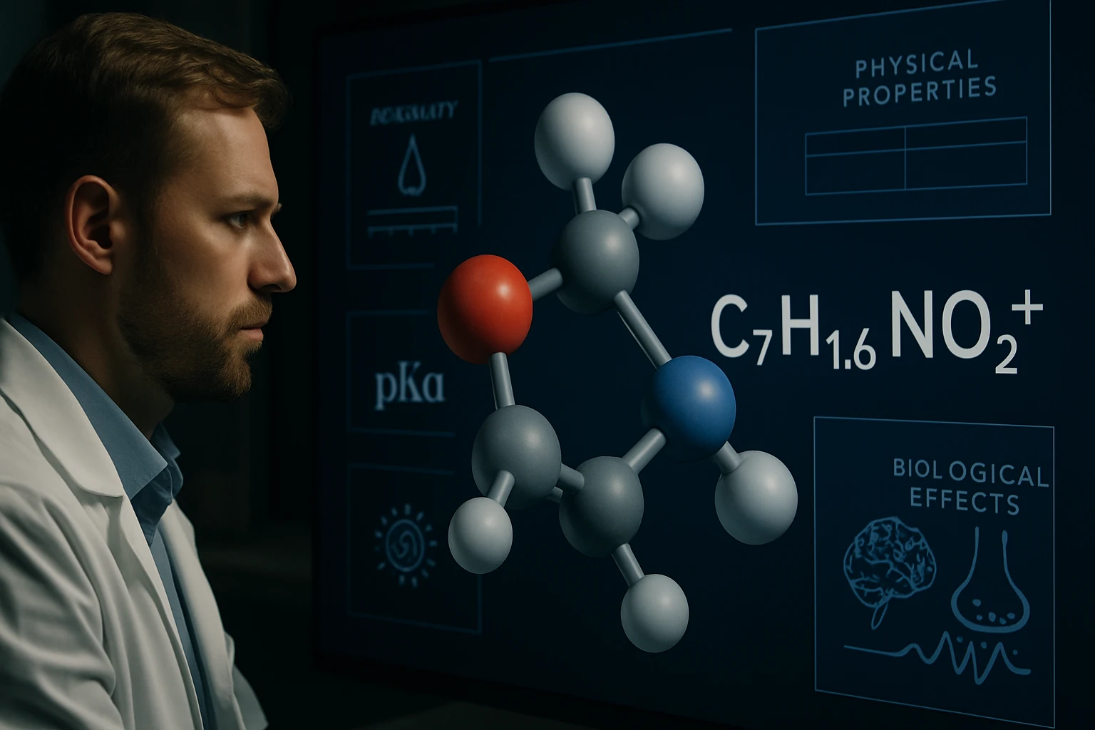 Egy tudós figyeli a C7H1.6NO2+ molekulát, háttérben kémiai diagramokkal.