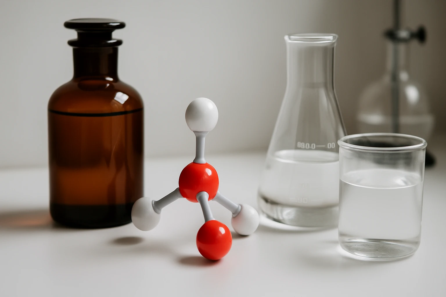 Egy kémiai molekula modellje, barna üvegpalack és mérőedények mellett.