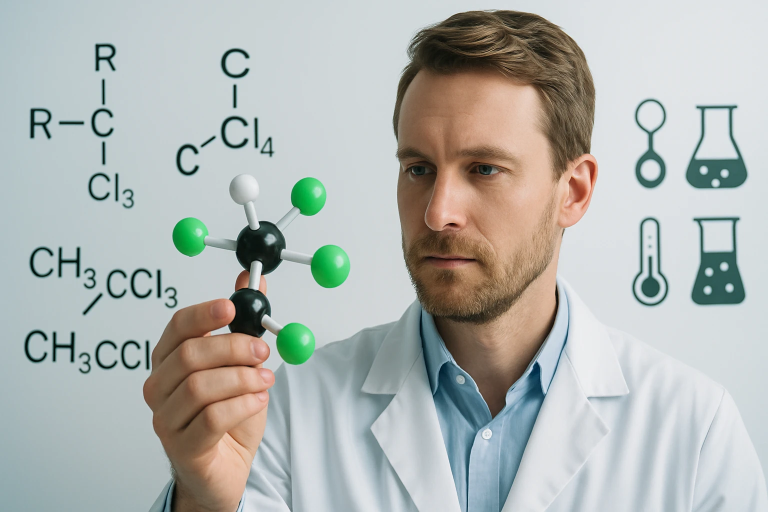 Egy férfi laboratóriumi köpenyben, molekulamodellel a kezében, kémiai képletek háttérben.