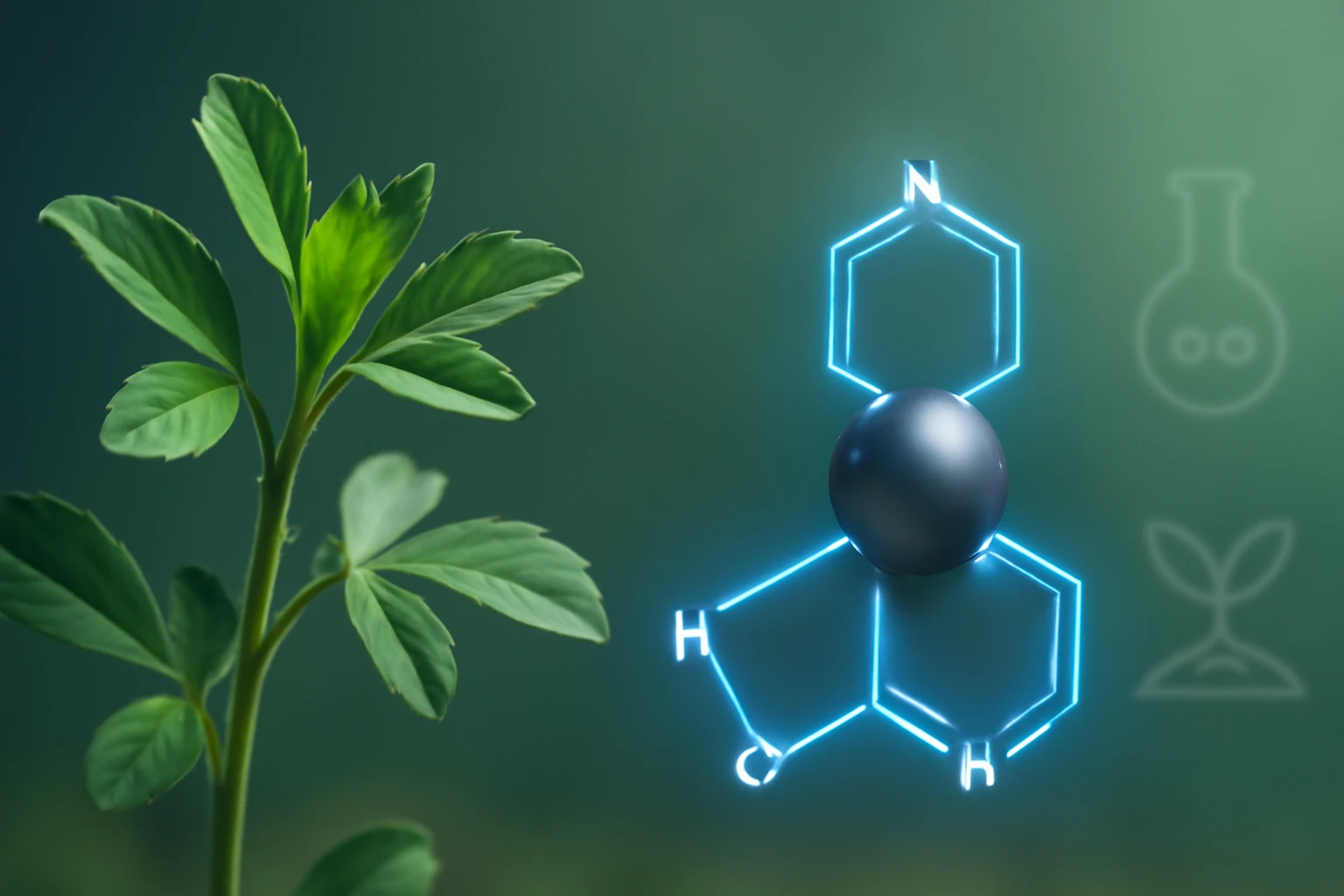 Egy zöld növény mellett egy kémiai molekula ábrázolása látható.
