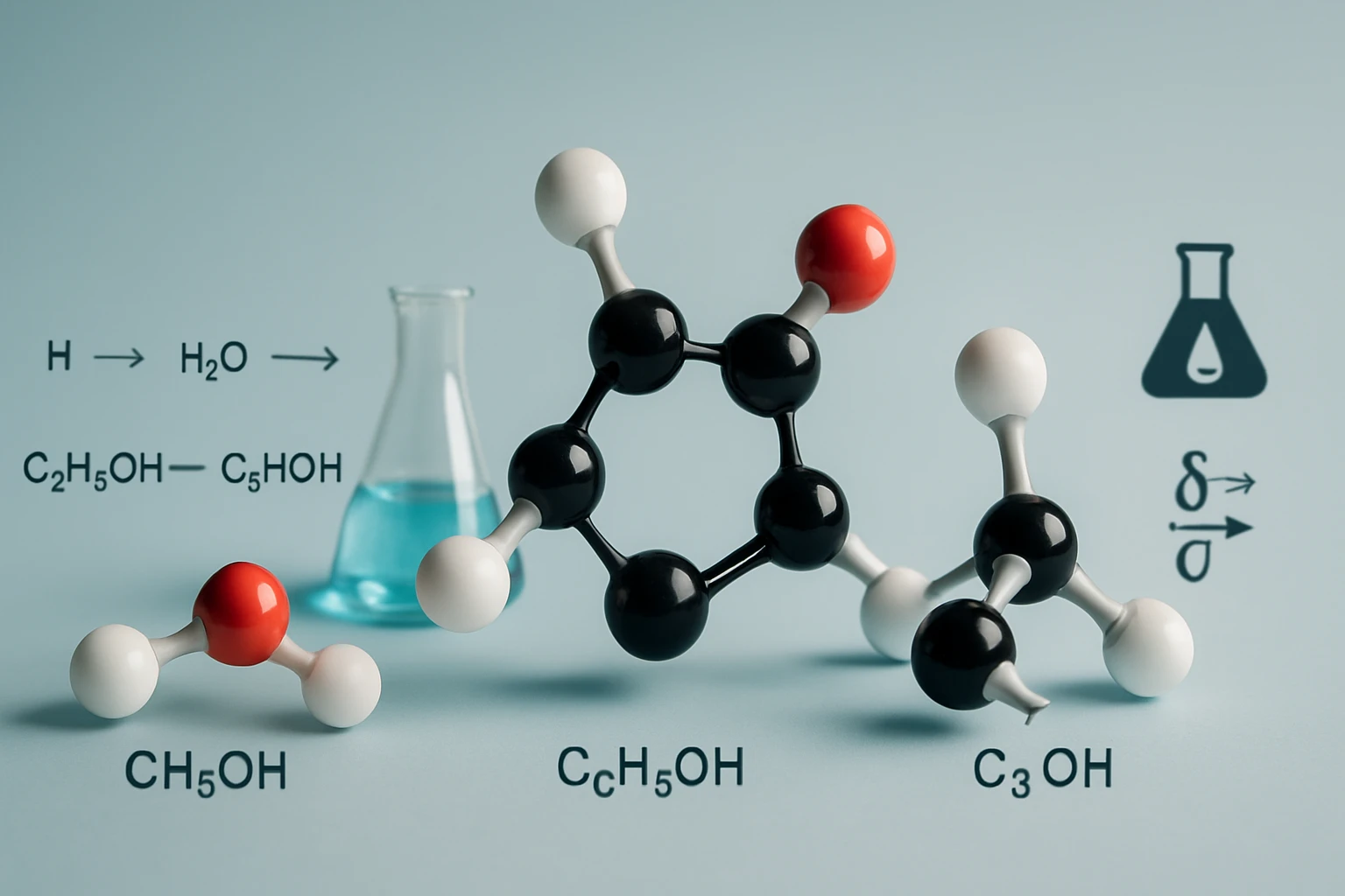 Molekulák és kémiai képletek, víz és alkoholok ábrázolása.