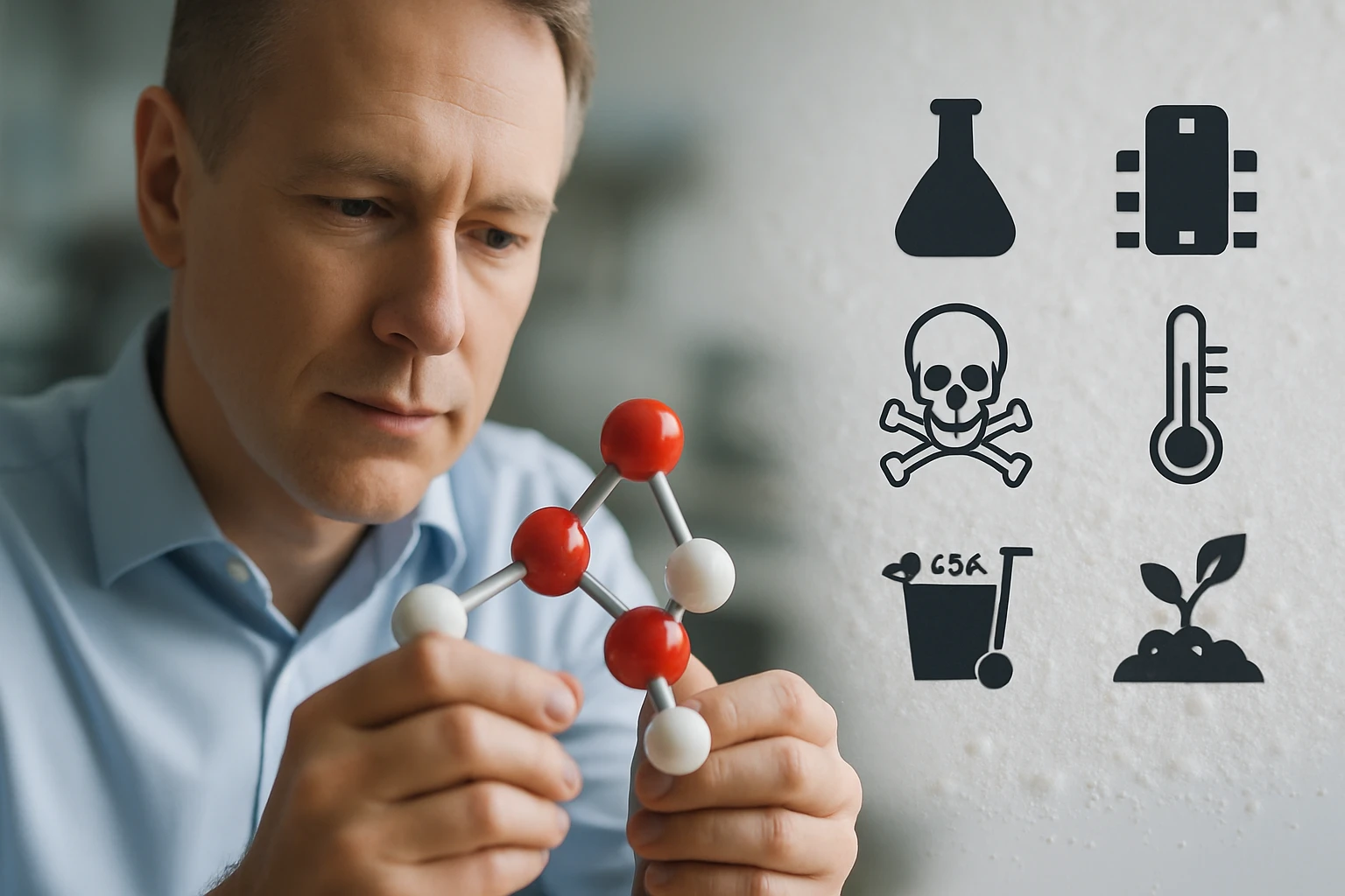 Egy férfi molekulamodellel dolgozik, miközben kémiai szimbólumok láthatók a háttérben.