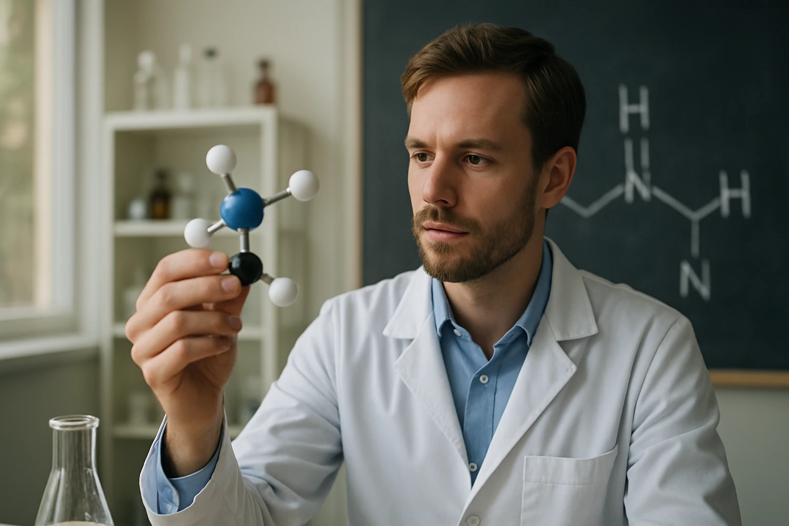 Egy férfi laboratóriumi köpenyben, molekulamodellel a kezében, kémiai háttérrel.