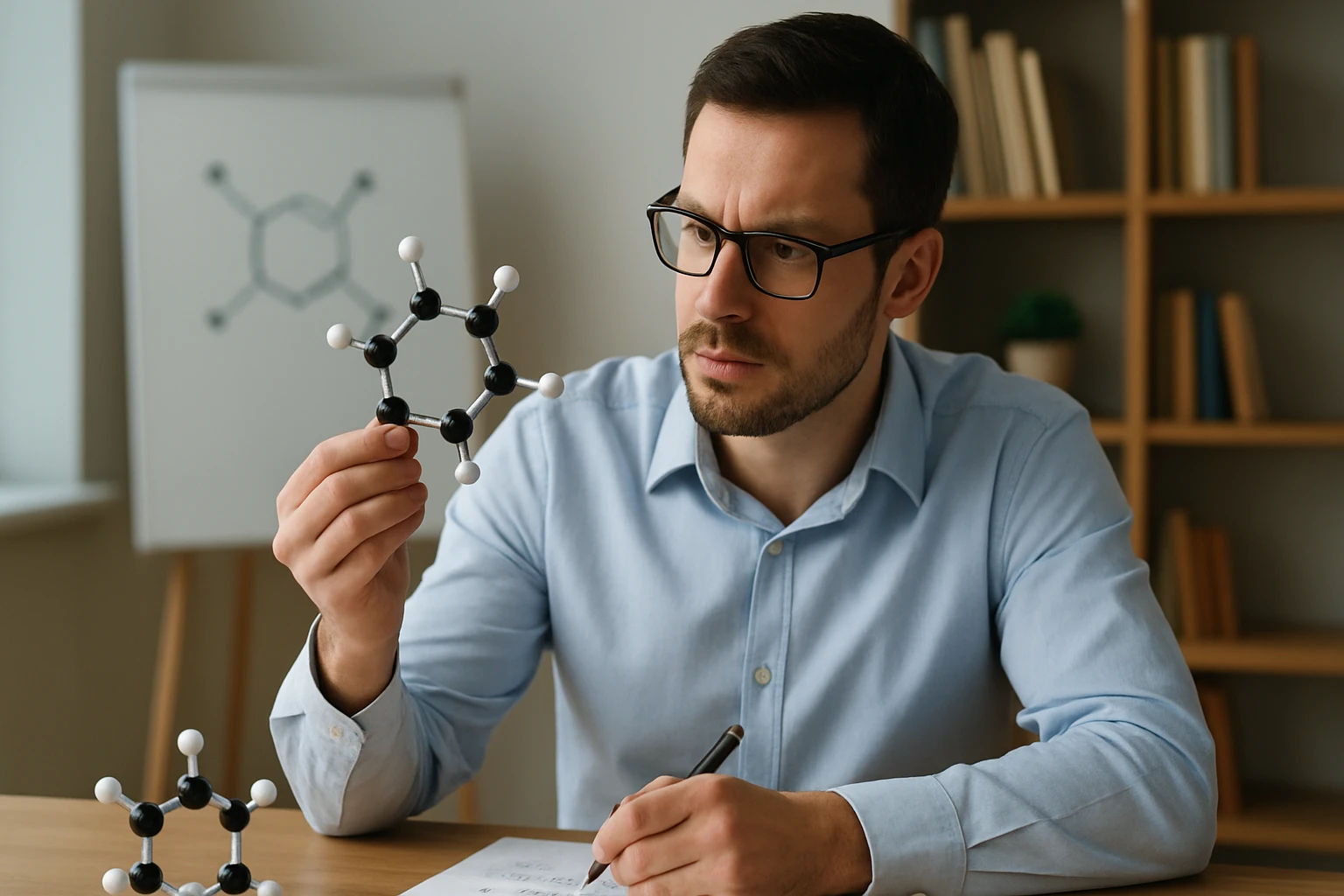 Egy férfi kémiai molekulamodelleket vizsgál, miközben jegyzetel.