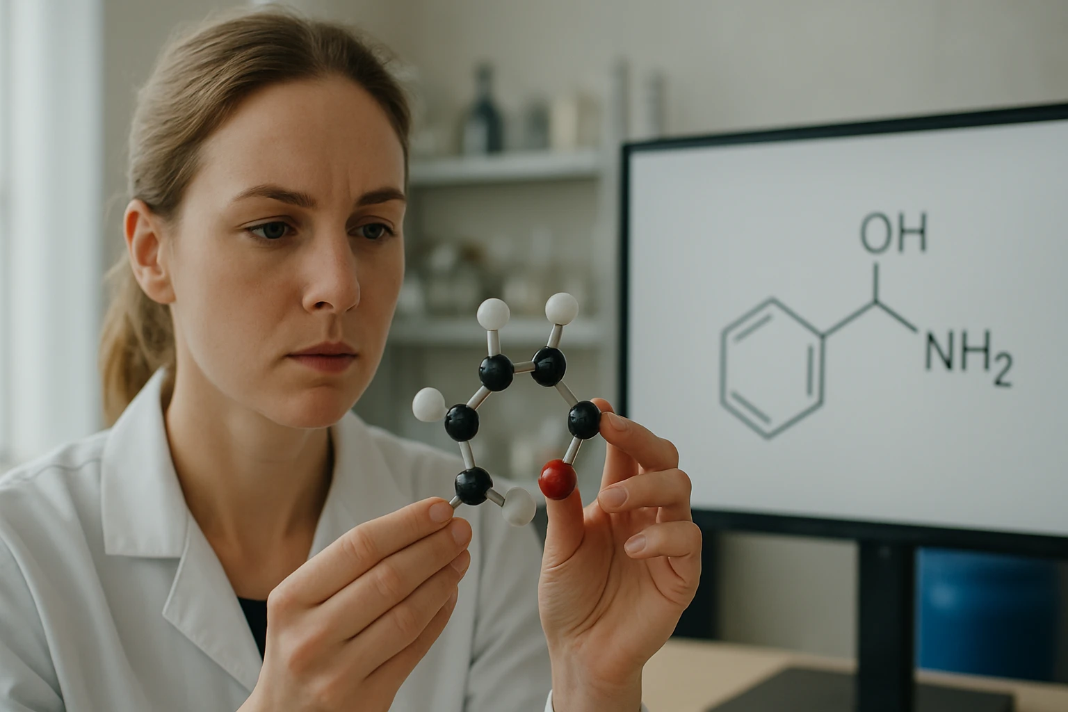 Egy tudós molekulamodelleket vizsgál, háttérben kémiai szerkezetekkel.