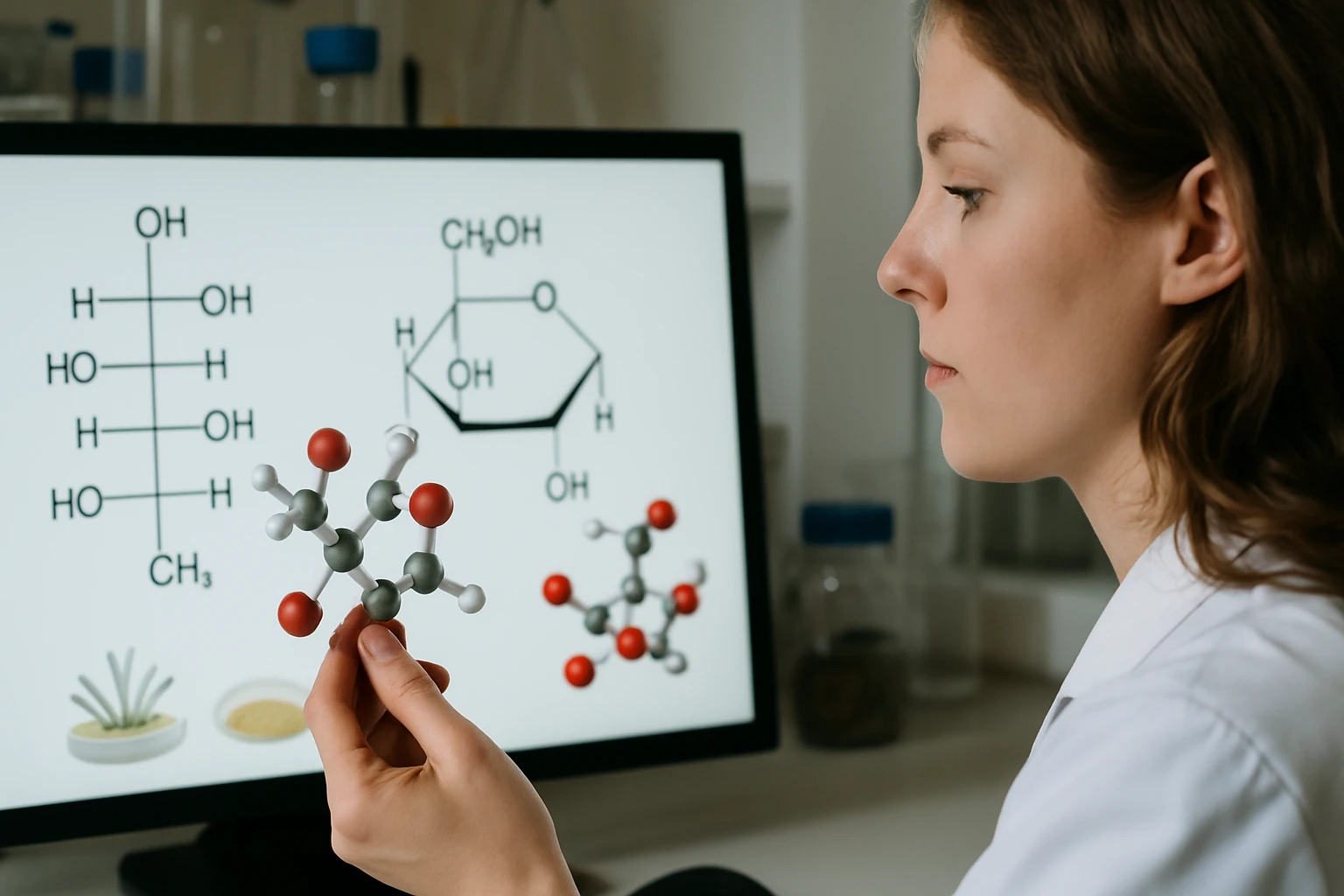 Egy fiatal nő kémiai molekulamodelleket vizsgál, háttérben kémiai struktúrák.