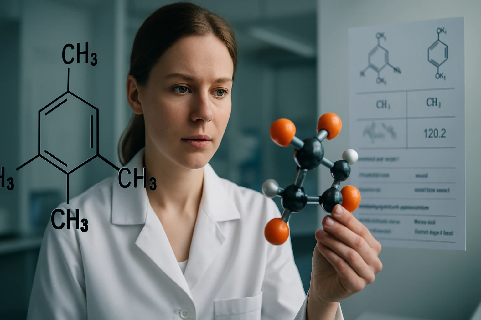 Egy nő laboratóriumban egy molekulát tart a kezében, háttérben kémiai struktúrák.