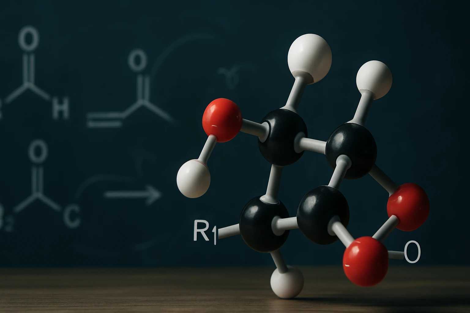 Molekuláris modell különböző színű atomokkal, kémiai reakciók háttérrel.