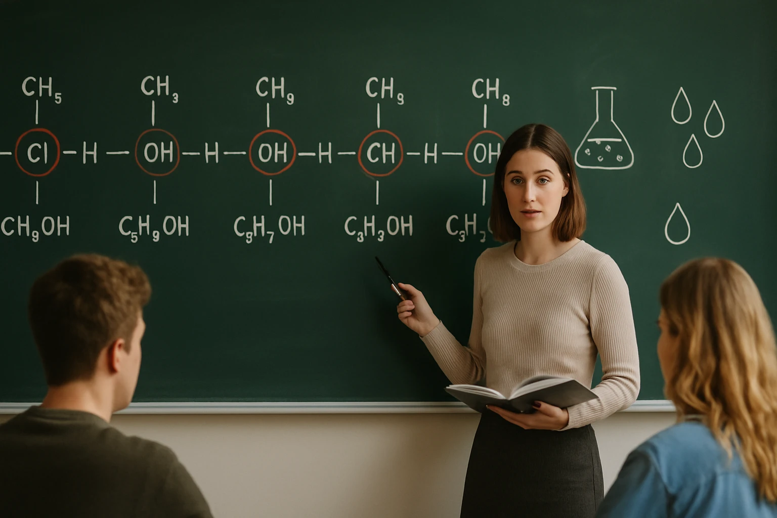 Egy tanárnő a táblán kémiai molekulákat magyaráz, diákok figyelnek.