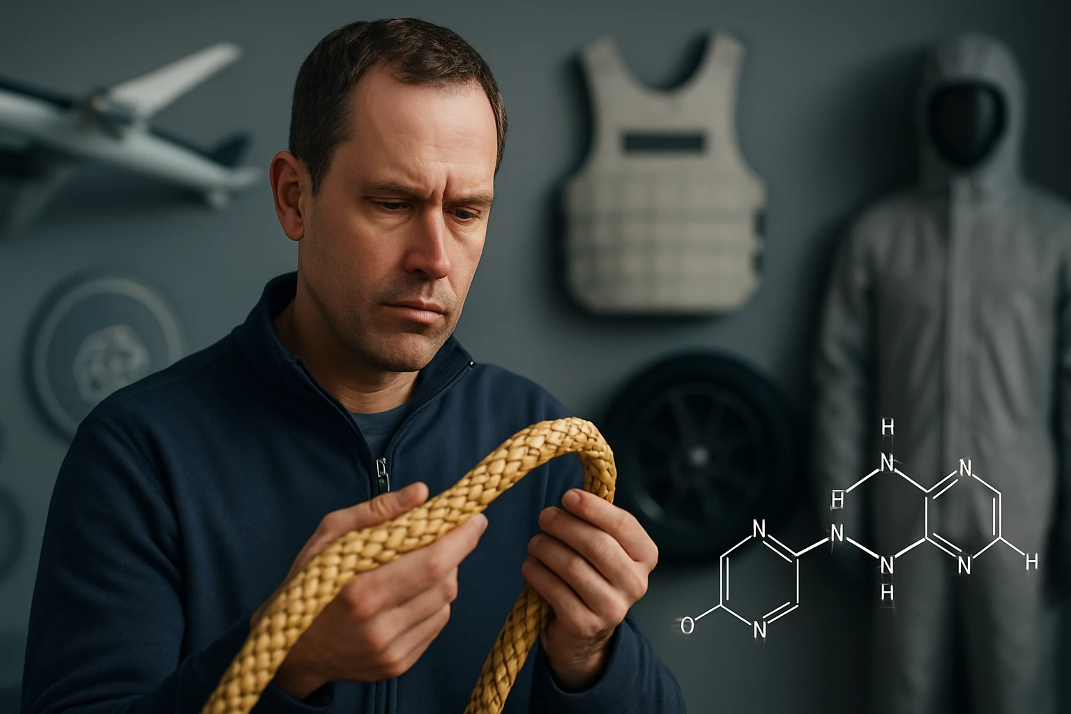 Egy férfi figyelmesen nézi a kezében tartott fonott kötelet, háttérben kémiai szerkezet.