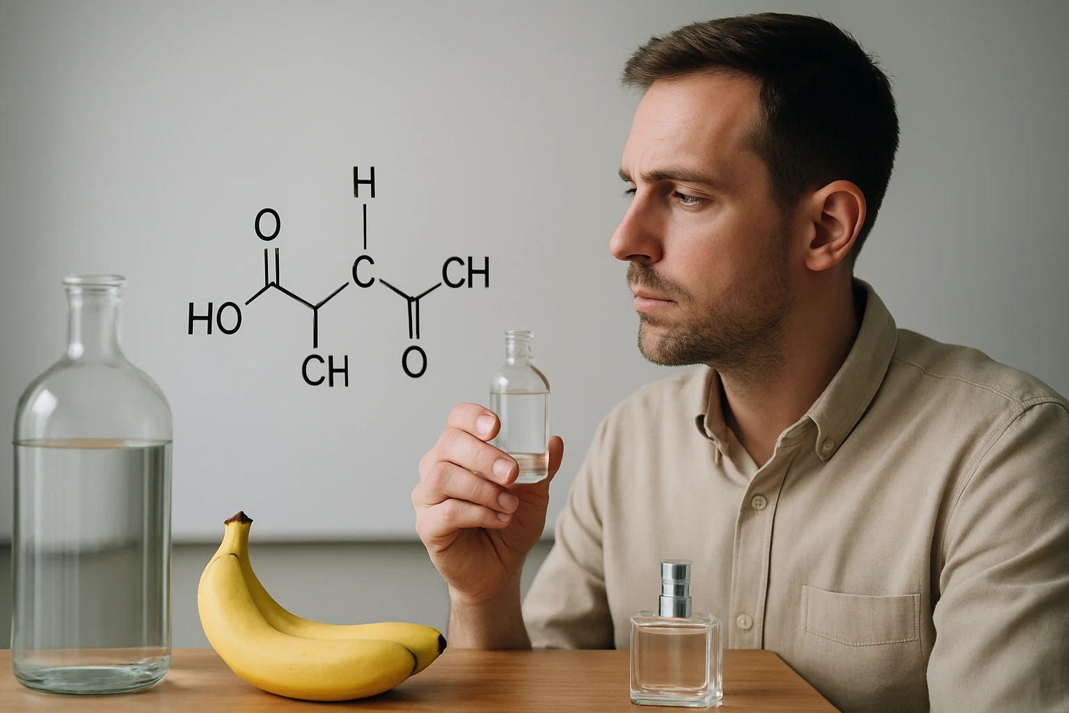 Egy férfi vízzel teli üveget tart a kezében, mellette banán és parfüm.