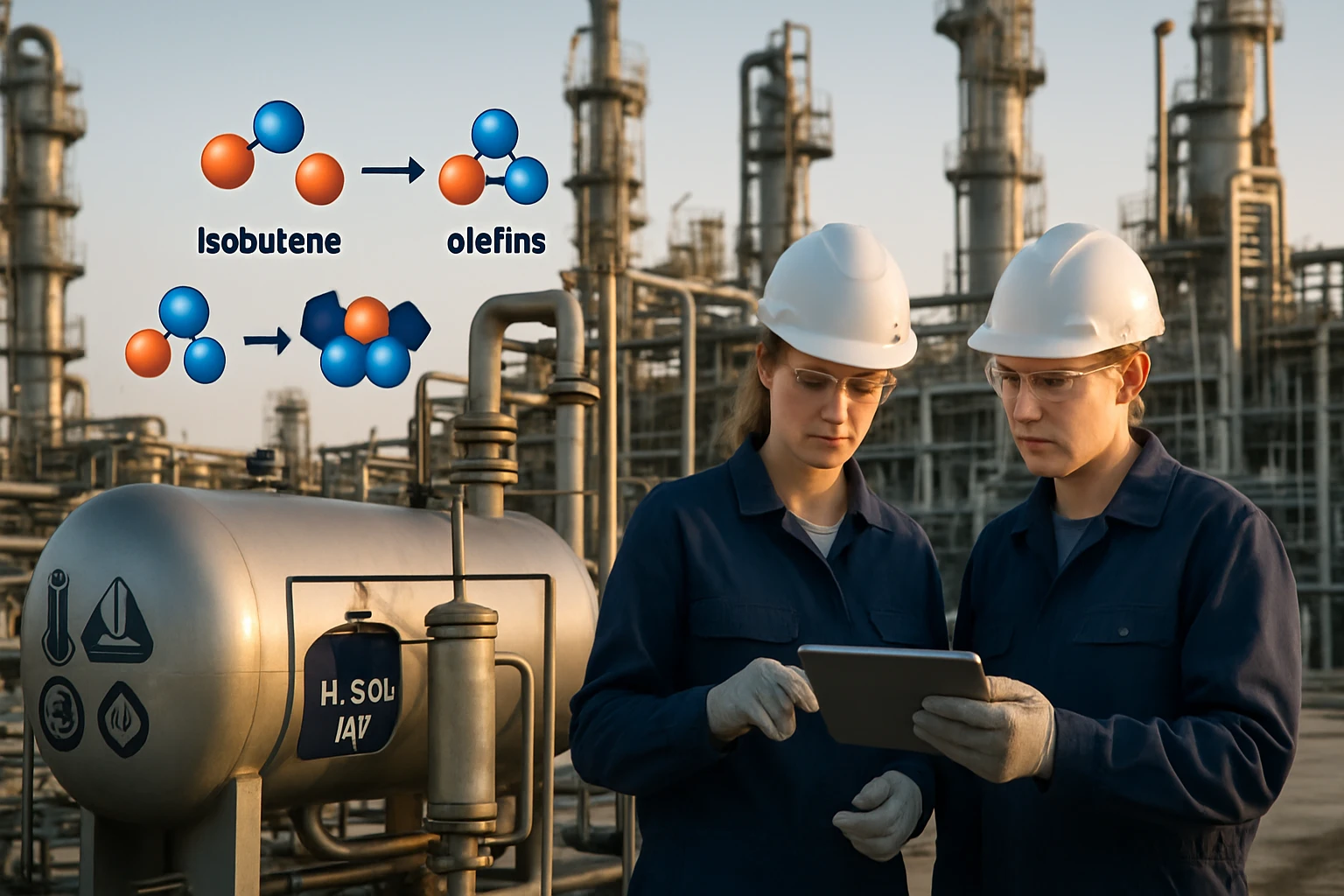 Két mérnök isobutén és olefinek kémiai reakcióját elemzi egy ipari környezetben.