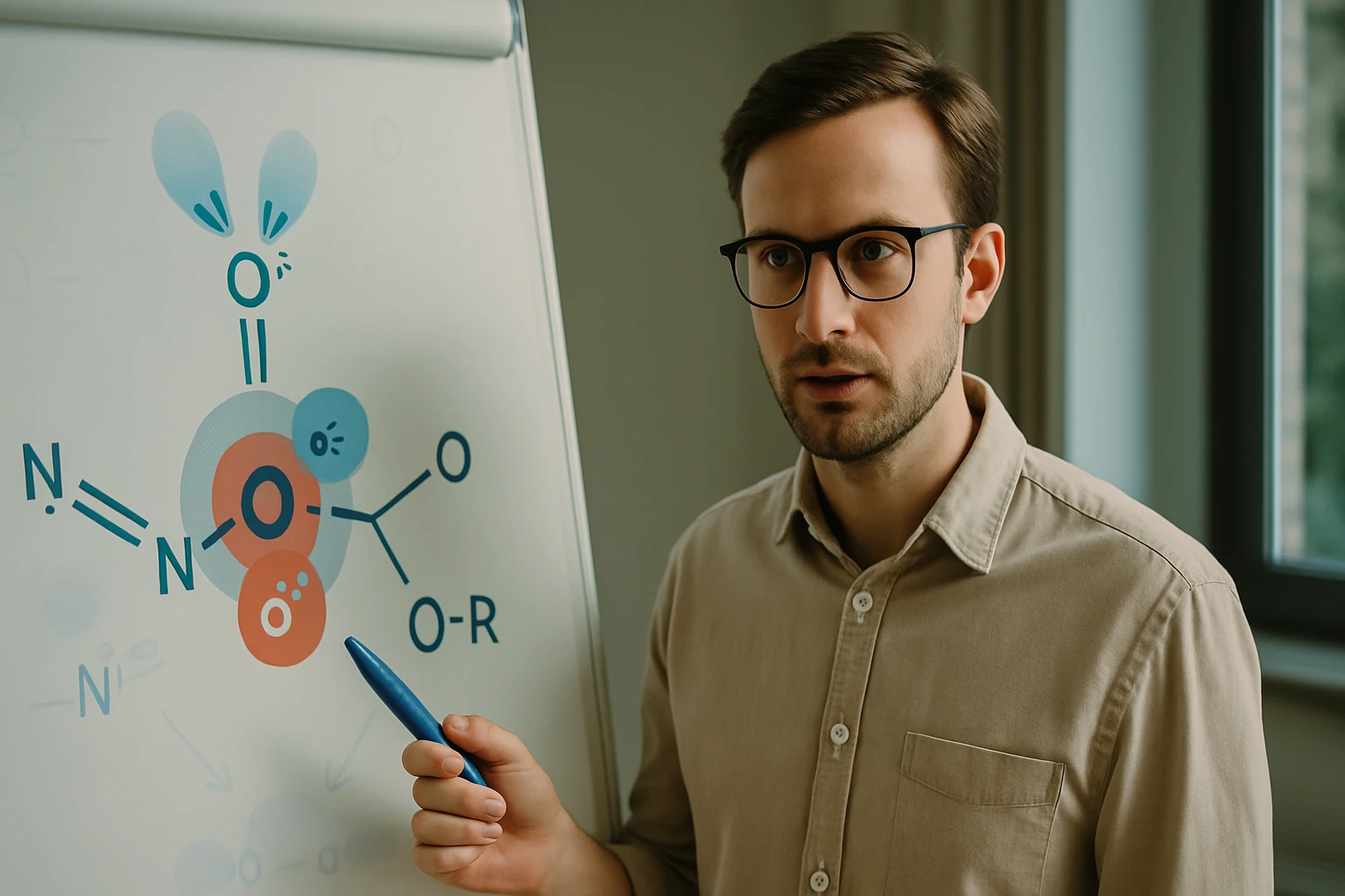 Egy férfi kémiai szerkezetet magyaráz egy táblán, kék tollal mutatva.