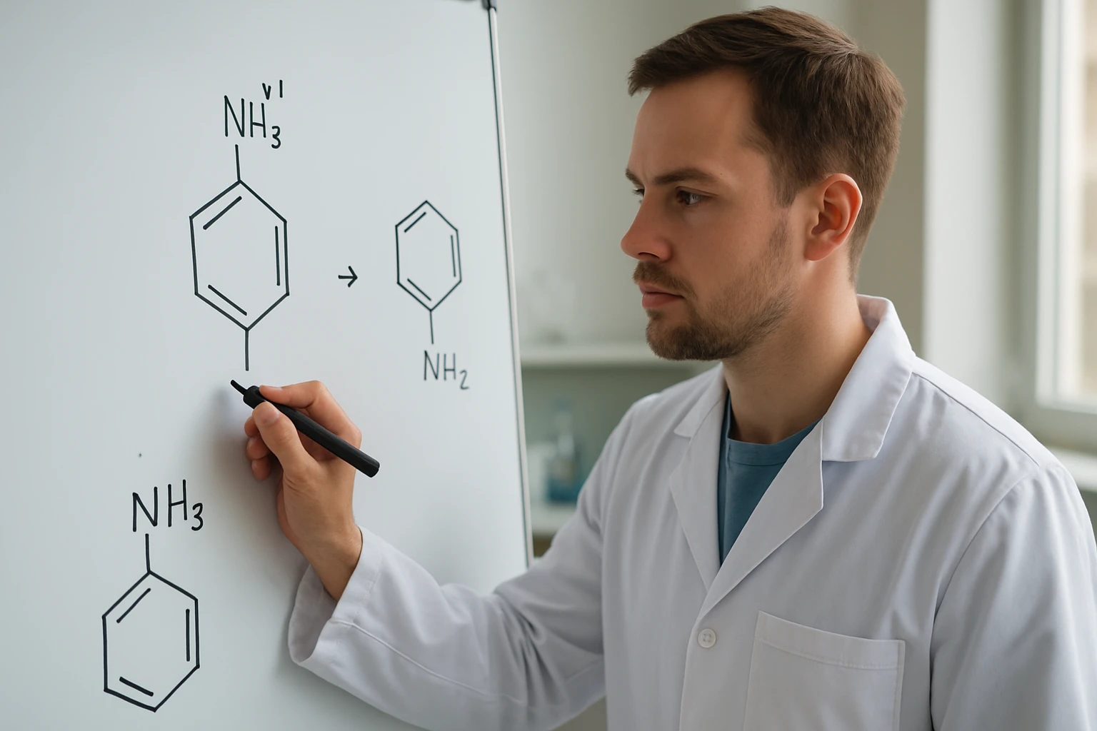 Egy férfi fehér köpenyben kémiai reakciót magyaráz egy táblán.