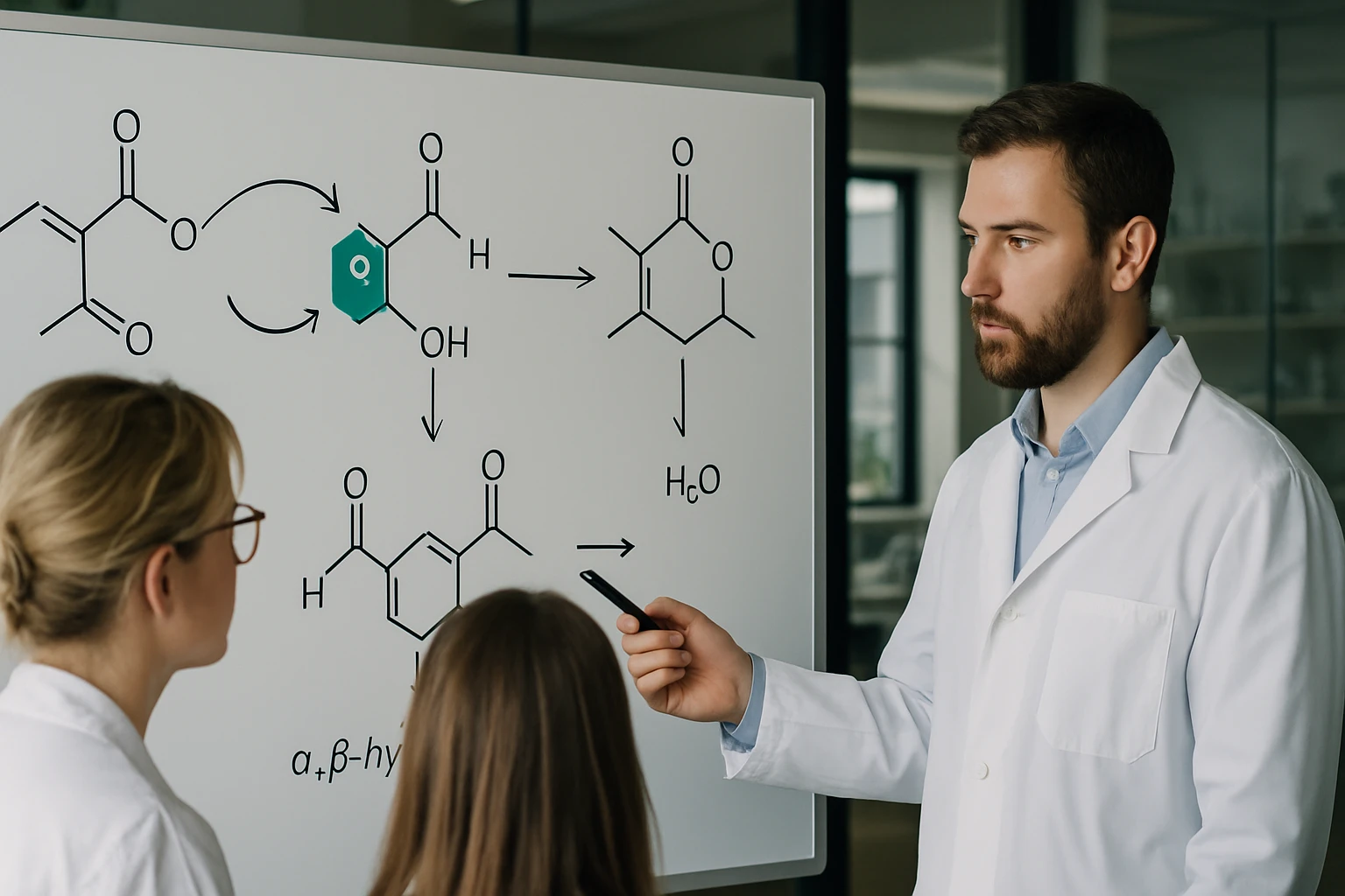 Egy férfi kémiai reakciókat magyaráz egy táblán, két nő figyel.