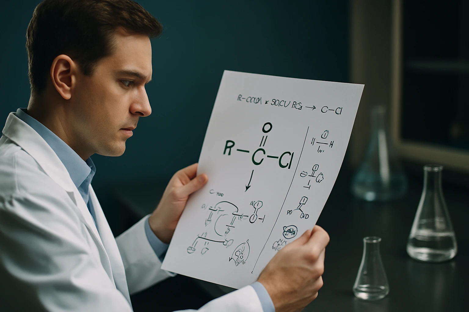 Egy laboratóriumban dolgozó férfi kémiai reakciókat ábrázoló papírt tanulmányoz.