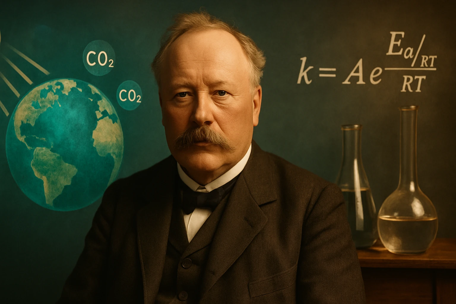 Egy férfi, kémiai egyenletek és a Föld ábrázolásával a háttérben.