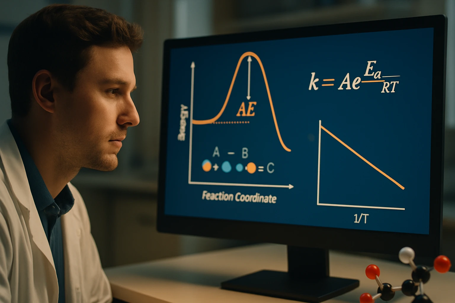 Egy fiatal kutató figyeli a számítógép képernyőjén a kémiai reakciókat bemutató grafikont.