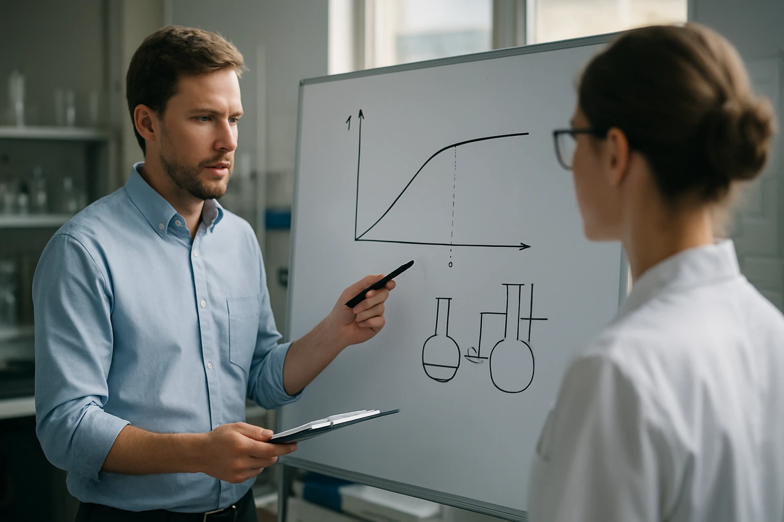 Egy férfi kémiai grafikonokat mutat be egy női kollégájának egy laborban.