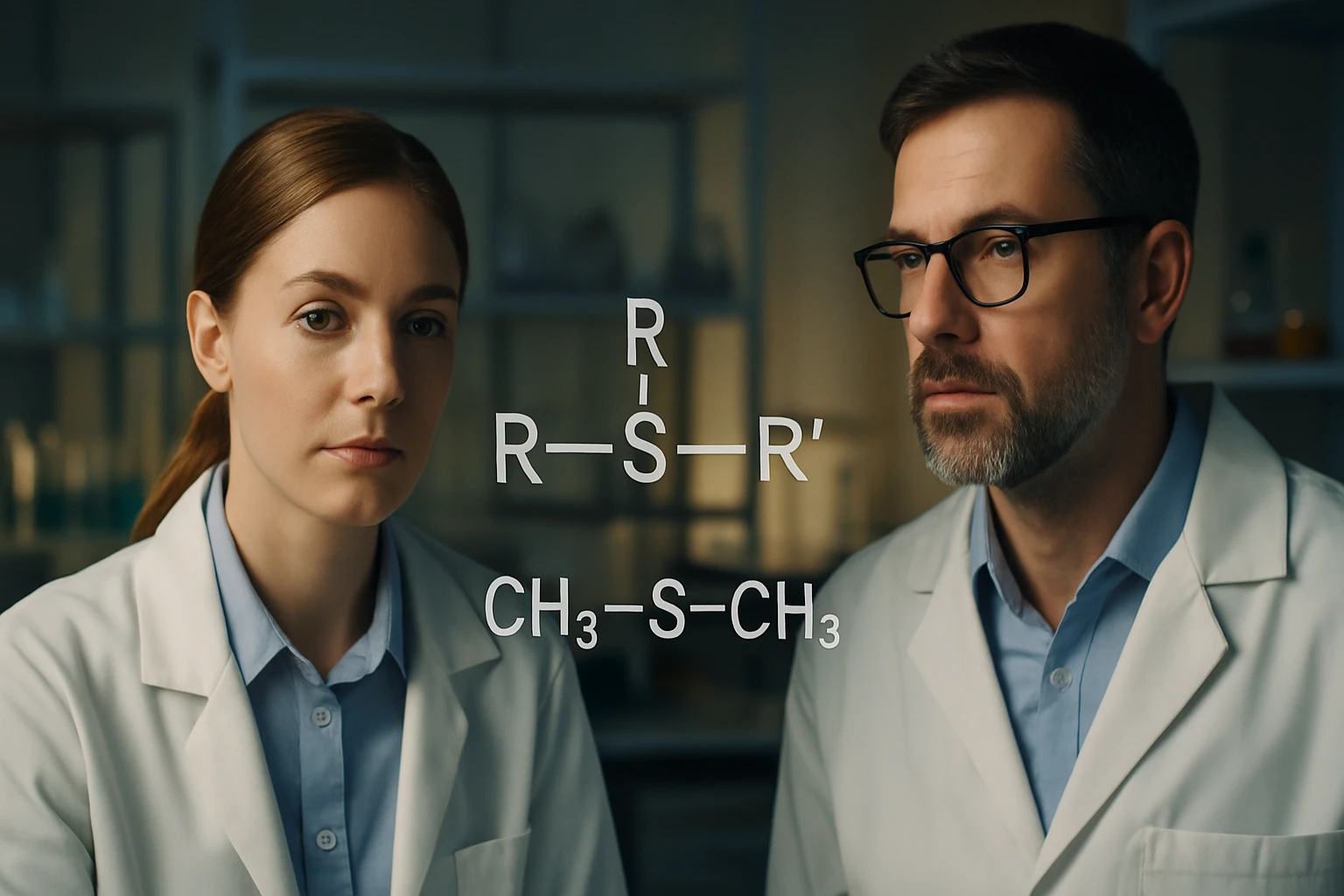 Két kutató laboratóriumi környezetben, kémiai képletek előtt.