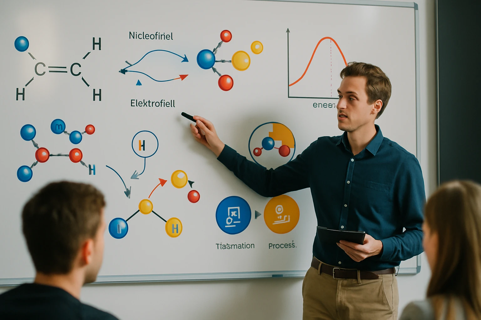 Egy férfi kémiai reakciókat magyaráz egy táblán, diákok figyelnek.