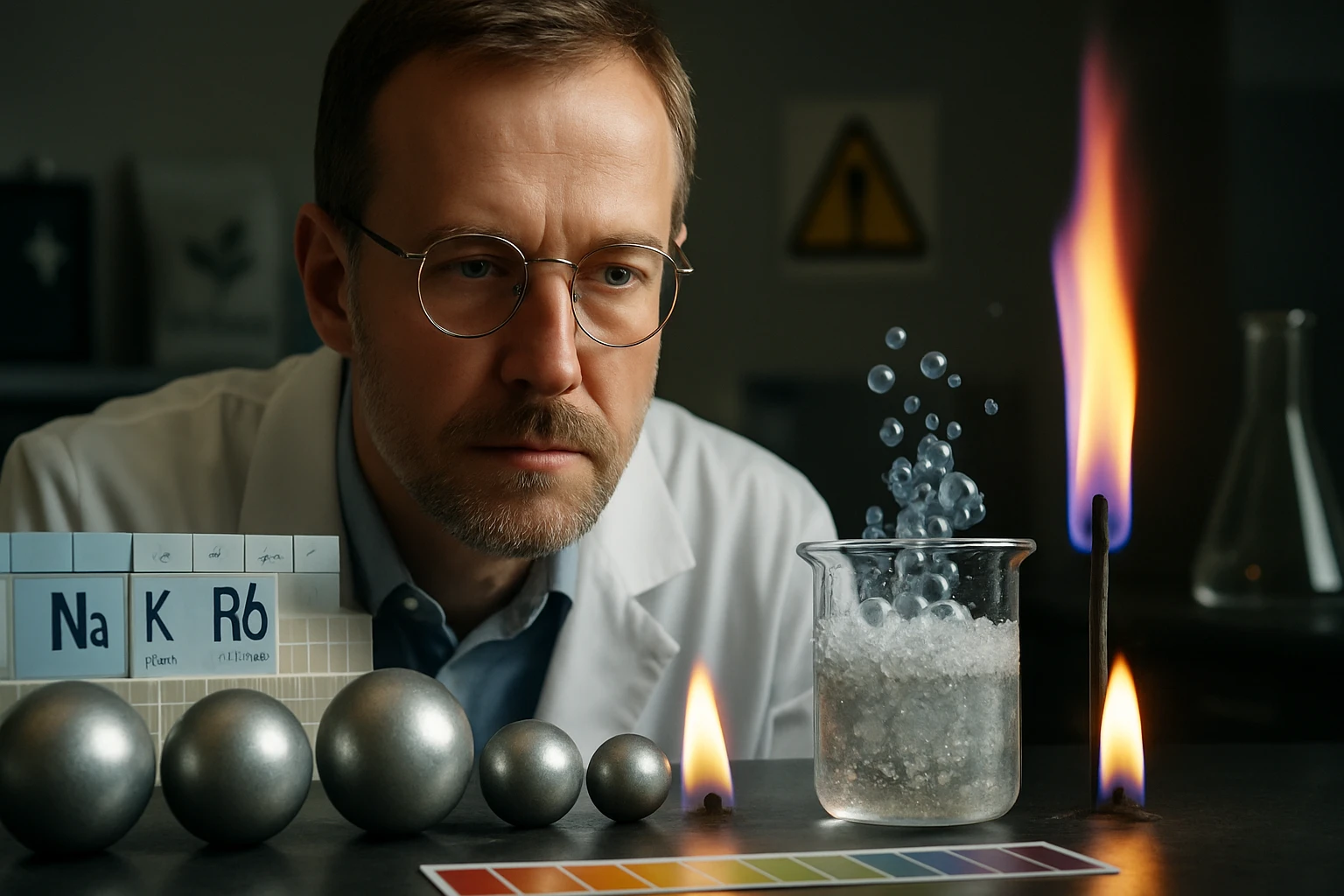 Egy kémikus figyeli a kémiai reakciót egy üvegben, buborékokkal és lánggal.
