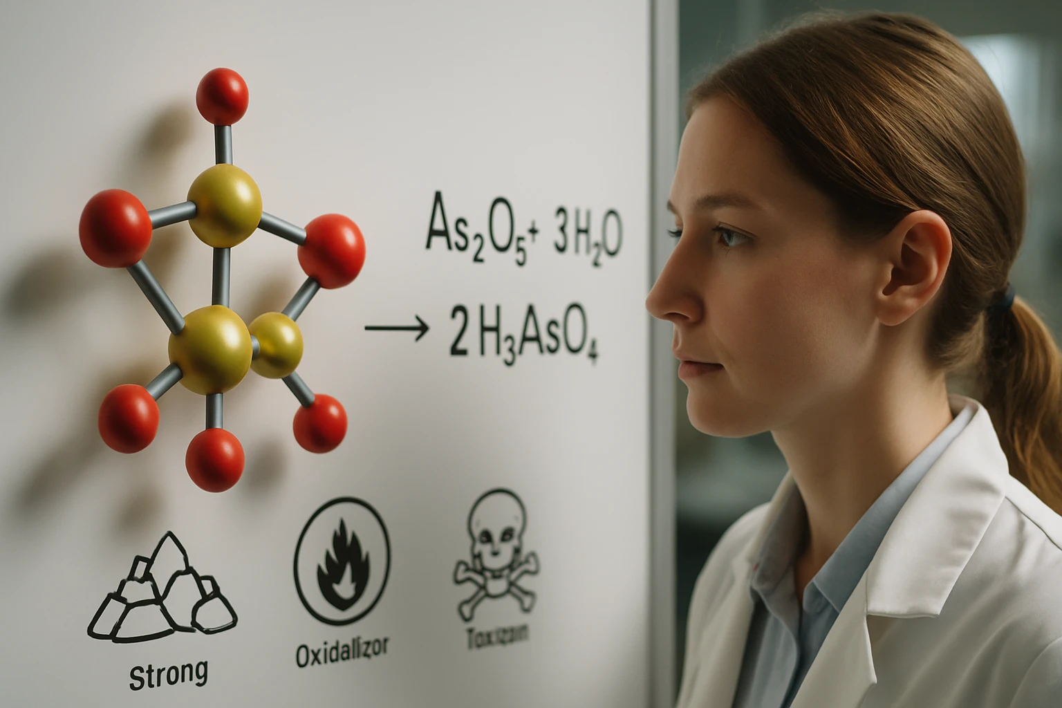 Egy nő a kémiai reakciós egyenletet és molekulamodelt figyeli.