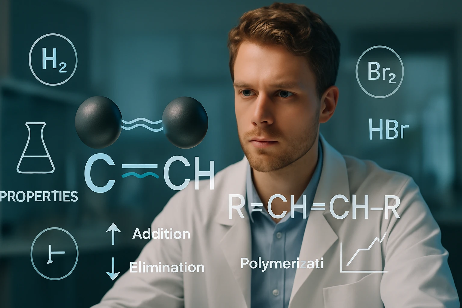 Egy fiatal kutató laboratóriumban, kémiai reakciókat elemezve, molekulák és reakciók diagramjaival.
