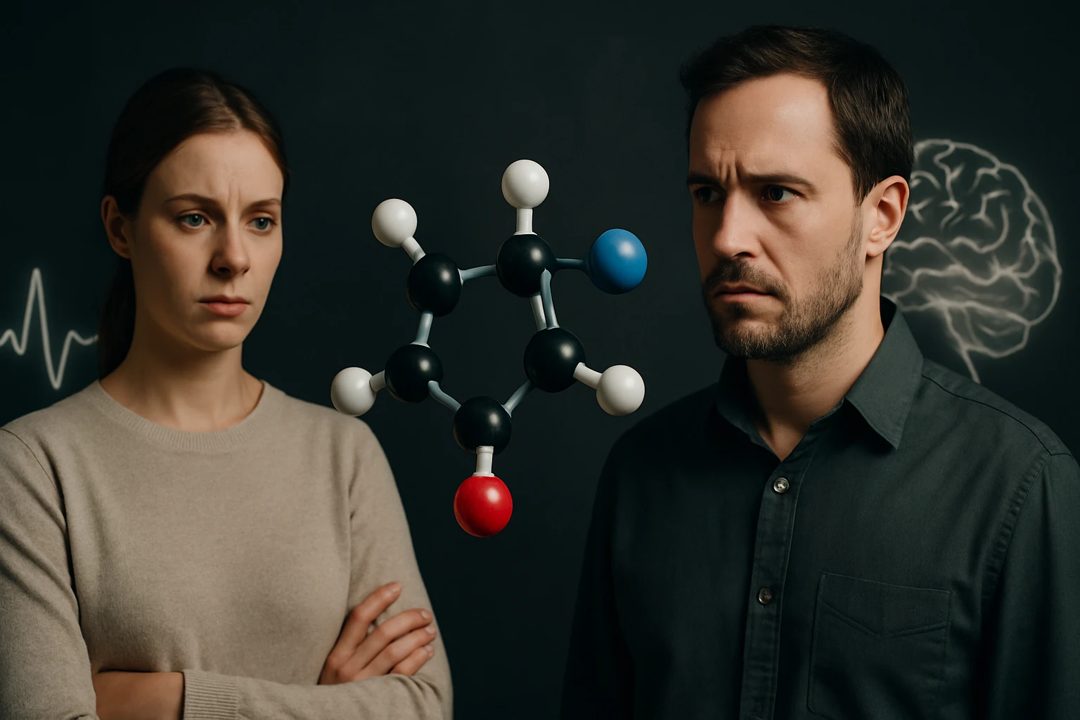 Két ember néz egy lebegő molekulamodellező szerkezetre, amely kémiai elemeket ábrázol.