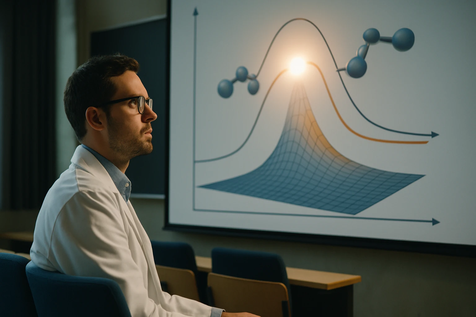 Egy fiatal tudós figyelmesen néz egy kémiai grafikonra, amely molekulákat ábrázol.