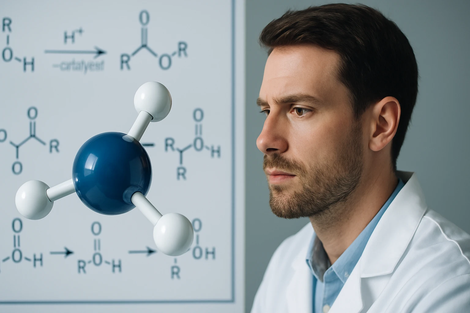 Egy férfi laboratóriumi köpenyben, egy molekulamodellel a háttérben.