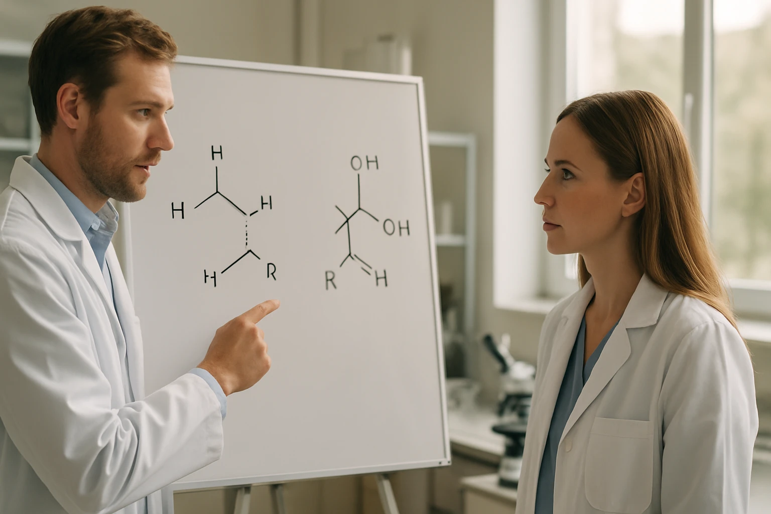 Két kutató beszélget egy kémiai reakcióról, miközben molekulák szerkezetét mutatják.