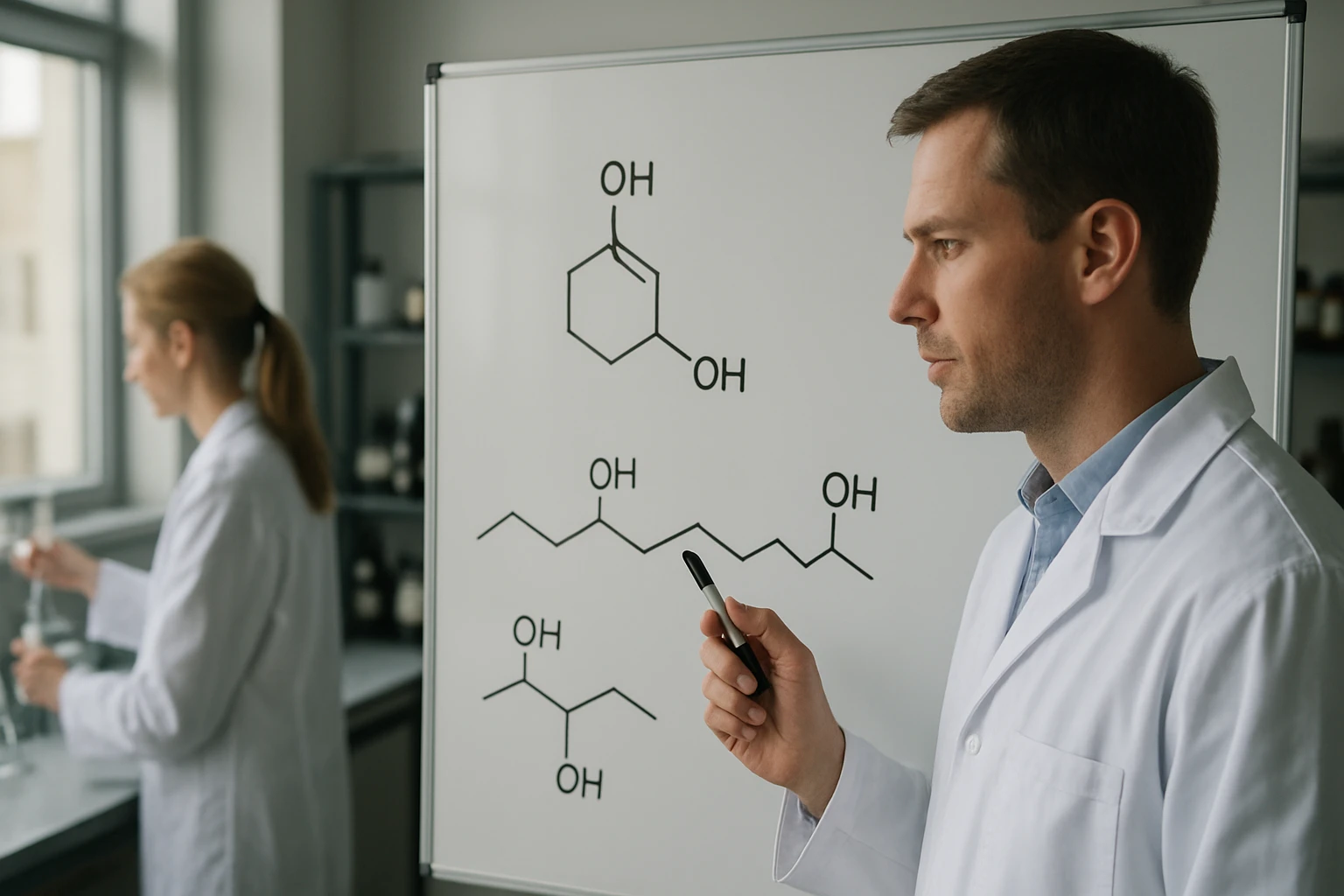 Két kutató, fehér köpenyben, kémiai struktúrákat magyaráz egy táblán.