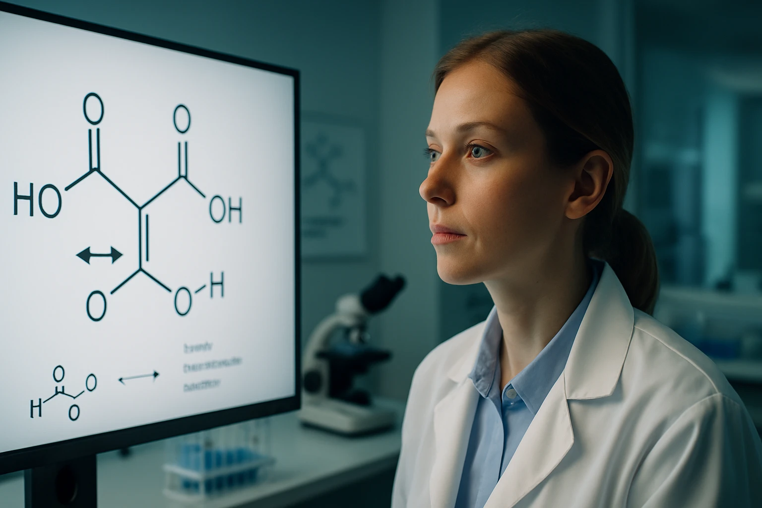 Egy fiatal nő laboratóriumi köpenyben, egy kémiai struktúrát néz egy monitoron.