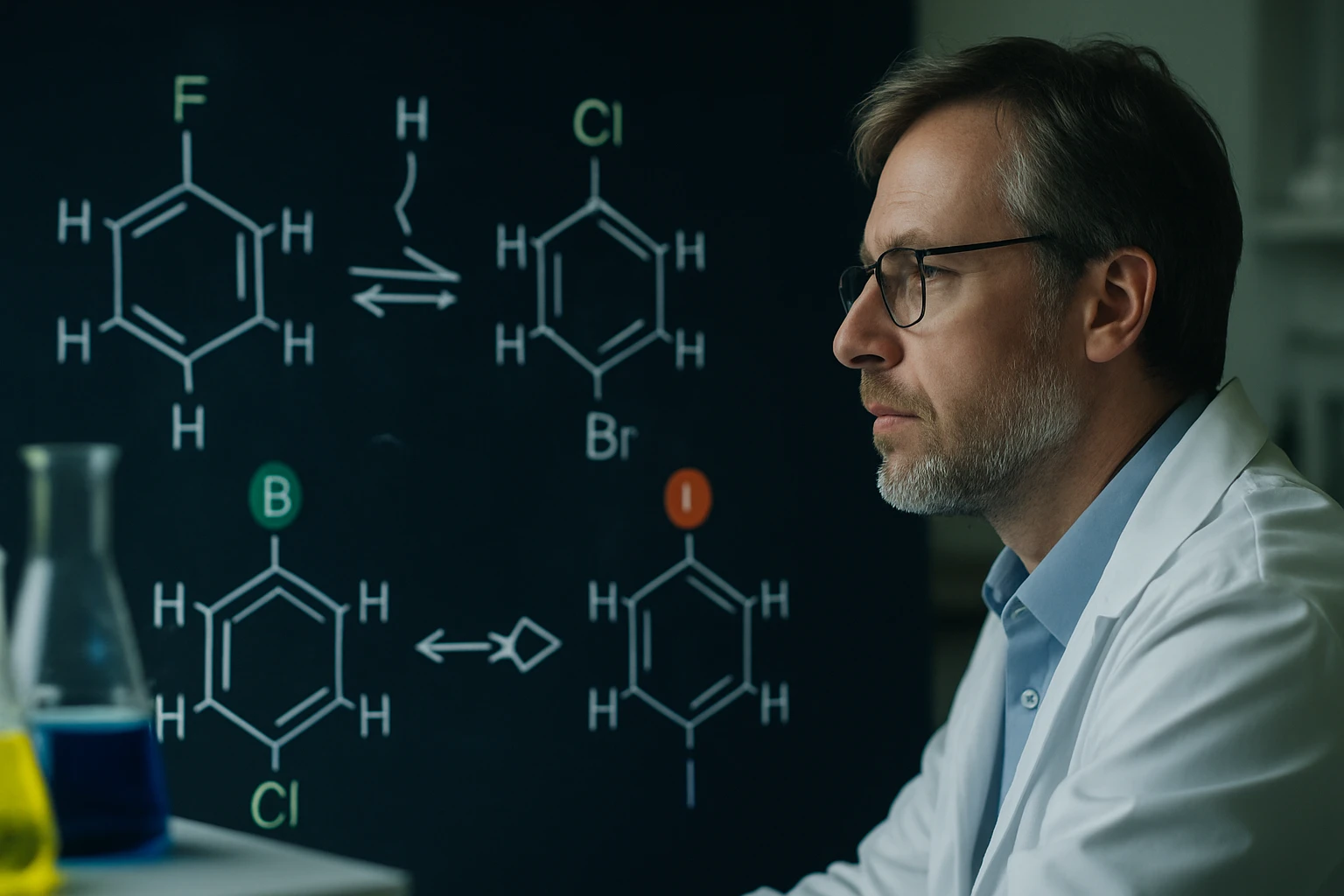 Egy kémikus figyelmesen tanulmányozza a vegyületek reakcióit egy táblán.