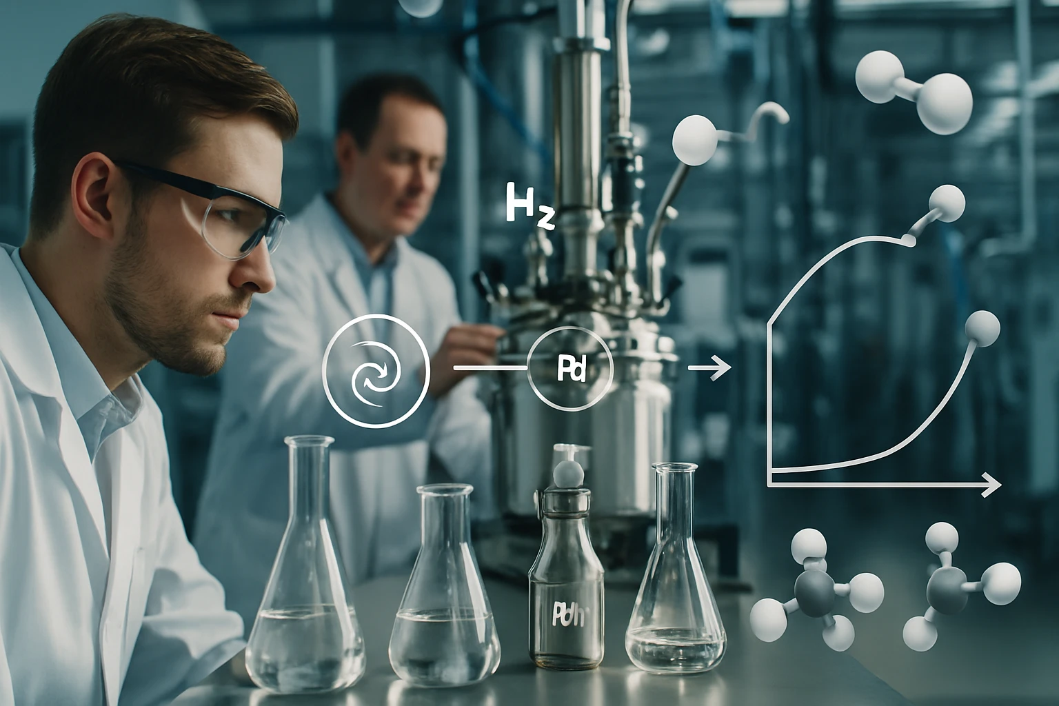 Két kémikus laboratóriumi környezetben, különböző üvegedényekkel és kémiai reakciós diagrammal.