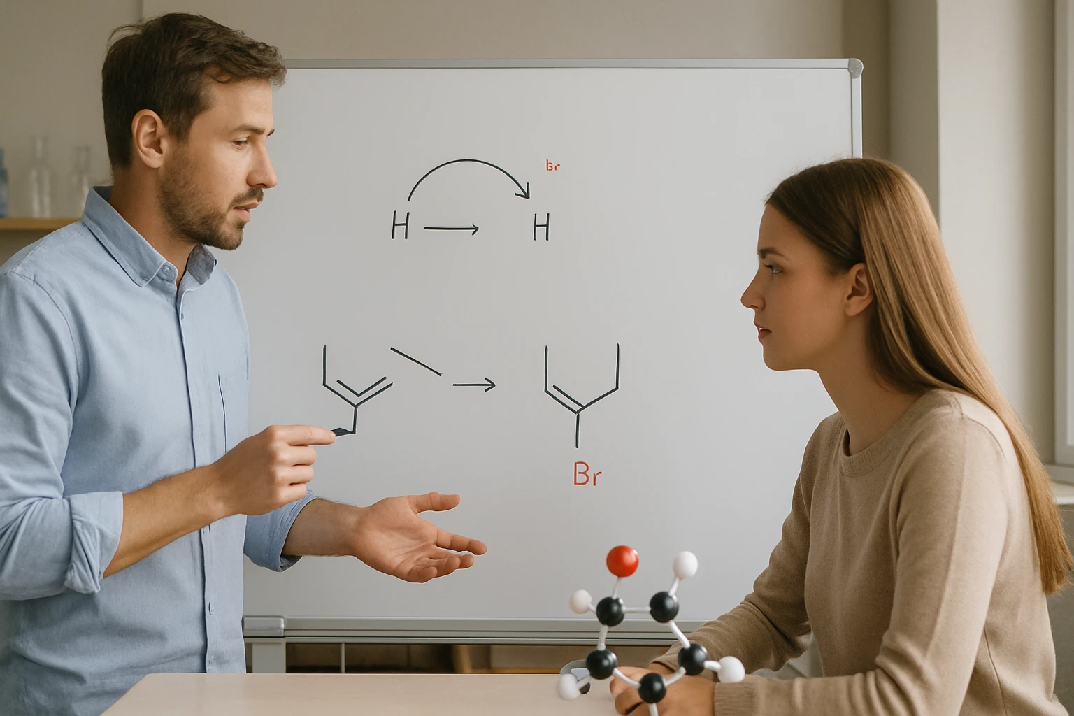 Két ember beszélget egy kémiai reakcióról, miközben molekulamodellek és diagramok láthatók.
