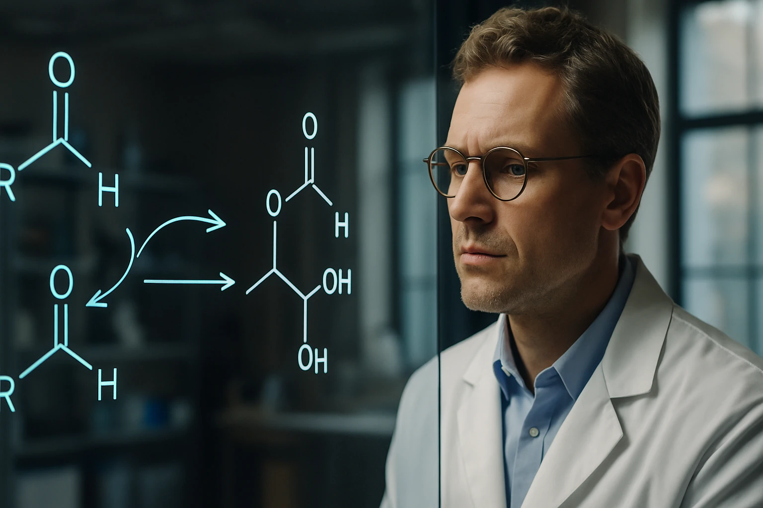 Egy tudós figyelmesen nézi a kémiai reakciót ábrázoló diagramot.