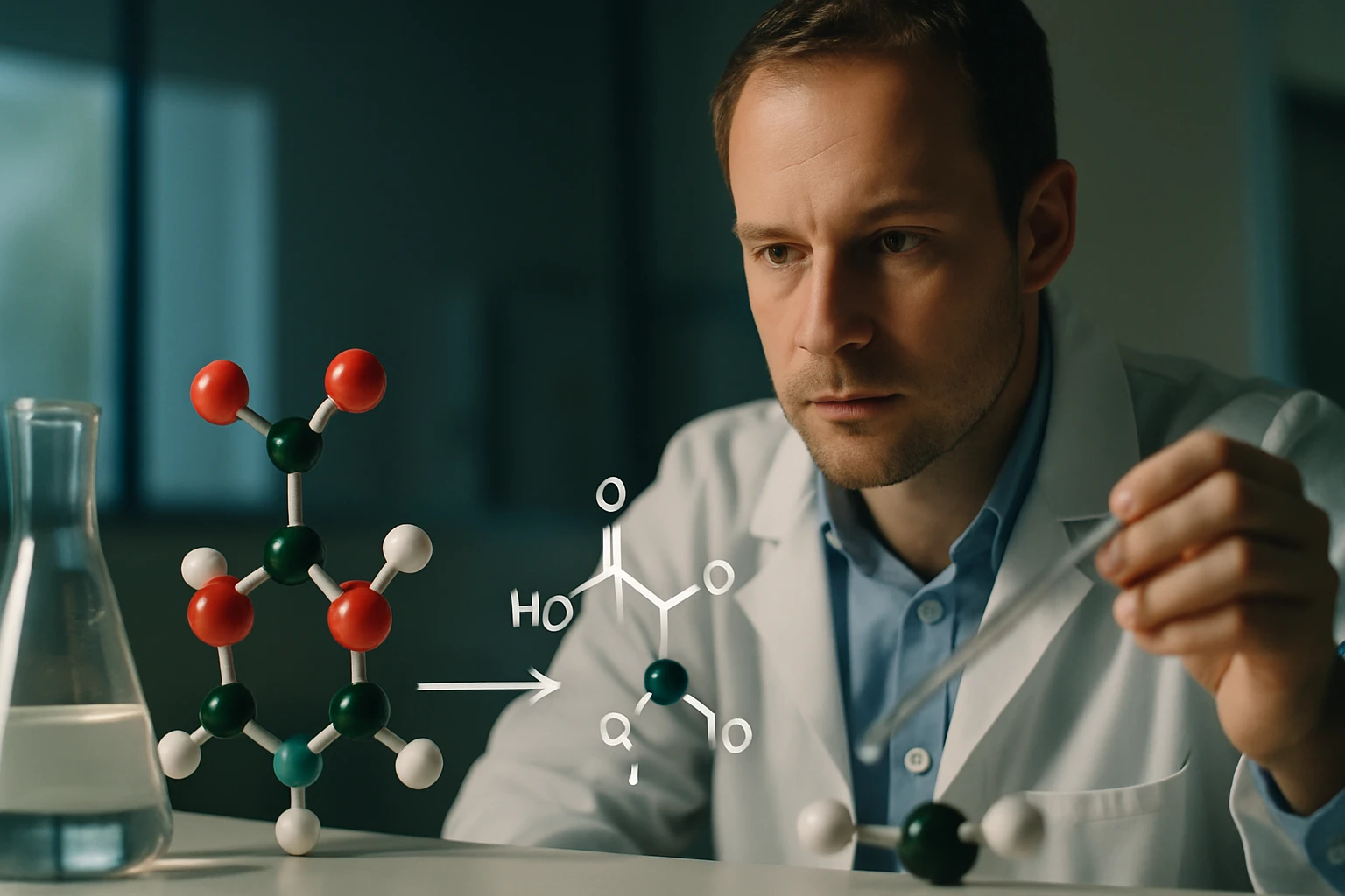 Egy tudós figyelmesen vizsgál egy molekulamodelt és kémiai egyenletet.
