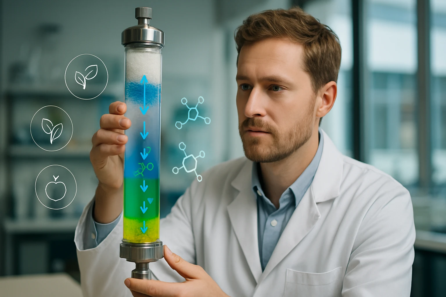 Egy tudós kémcsövet tart, amelyben színes folyadékok láthatók, kémiai reakciók jeleivel.